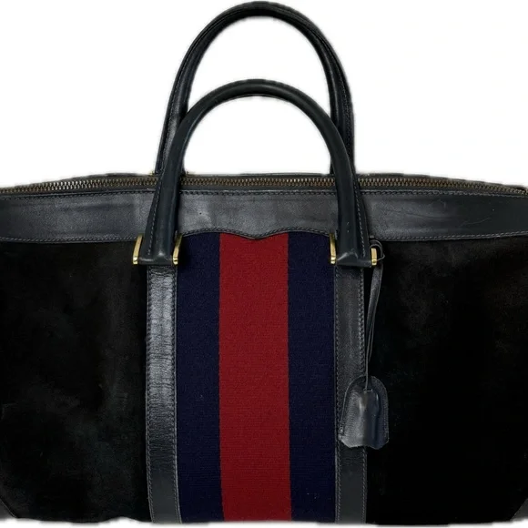 Vintage Gucci Black Suede Boston bag Duffle overnight lock/key COA - Picture 6 of 16